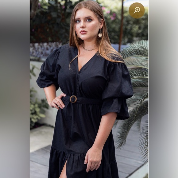 ELF Peony Black Linen Midi Dress, Sz XXL - Picture 2 of 15